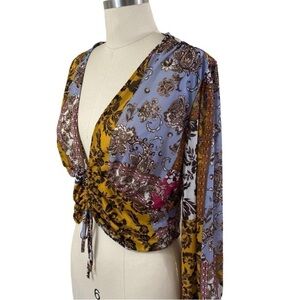 Ember,Y2K Retro Ruched,Blouse,Size Large,Gorgeous Low V-Neck &Oversized Sleeve